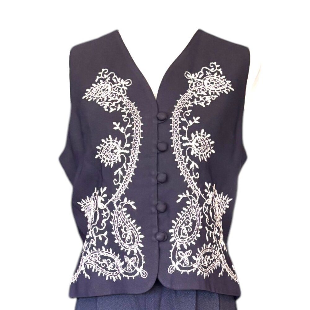 lois snyder dani max vintage navy blue paisley button up vest Boho Women's sz 10